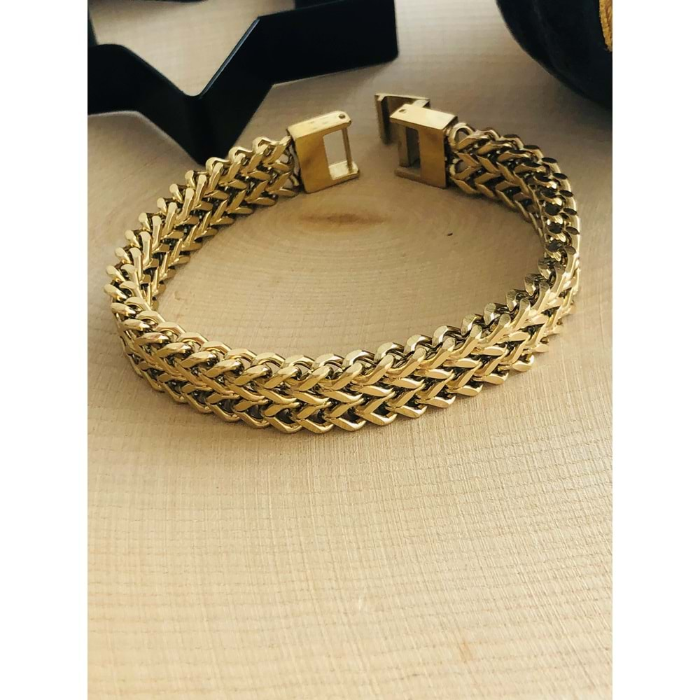 GOLD RENK İKİ SIRA MISIR ÖRGÜLÜ ÇELİK BİLEKLİK 19 CM 316L3866