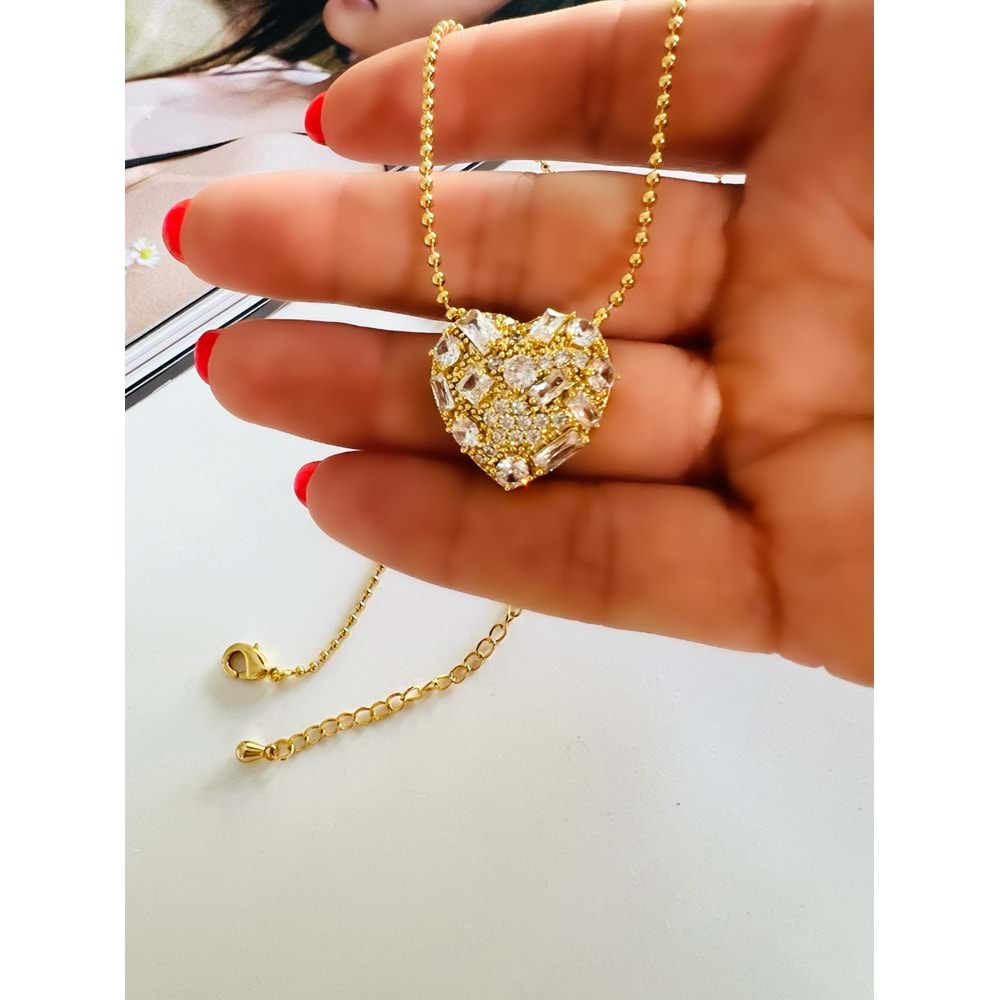 BAGET TAŞLI KALP KOLYE GOLD RENK ACR0036
