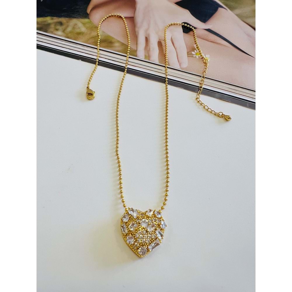 BAGET TAŞLI KALP KOLYE GOLD RENK ACR0036
