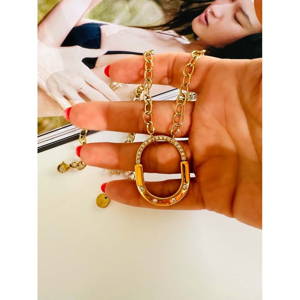 TAŞLI TFFNY ÇELİK KİLİT KOLYE GOLD RENK 50 CM ACR0043