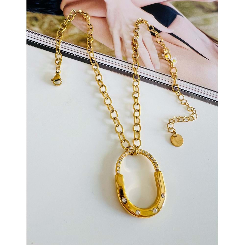 TAŞLI TFFNY ÇELİK KİLİT KOLYE GOLD RENK 50 CM ACR0043