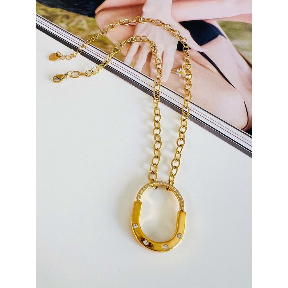 TAŞLI TFFNY ÇELİK KİLİT KOLYE GOLD RENK 50 CM ACR0043