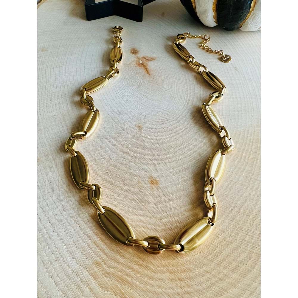 GOLD RENK BADEM DESEN ÇELİK KOLYE 45+5 CM ACR0092