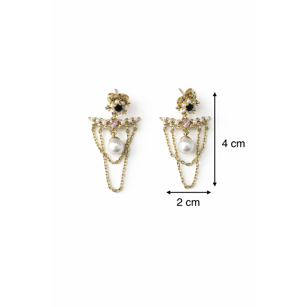 XUPING 14K GOLD RENK, ÜZERİNDE LACİVERT, PEMBE TAŞ BULUNAN, ZİNCİR SALLANTILI, İNCİLİ KÜPE ACR0098