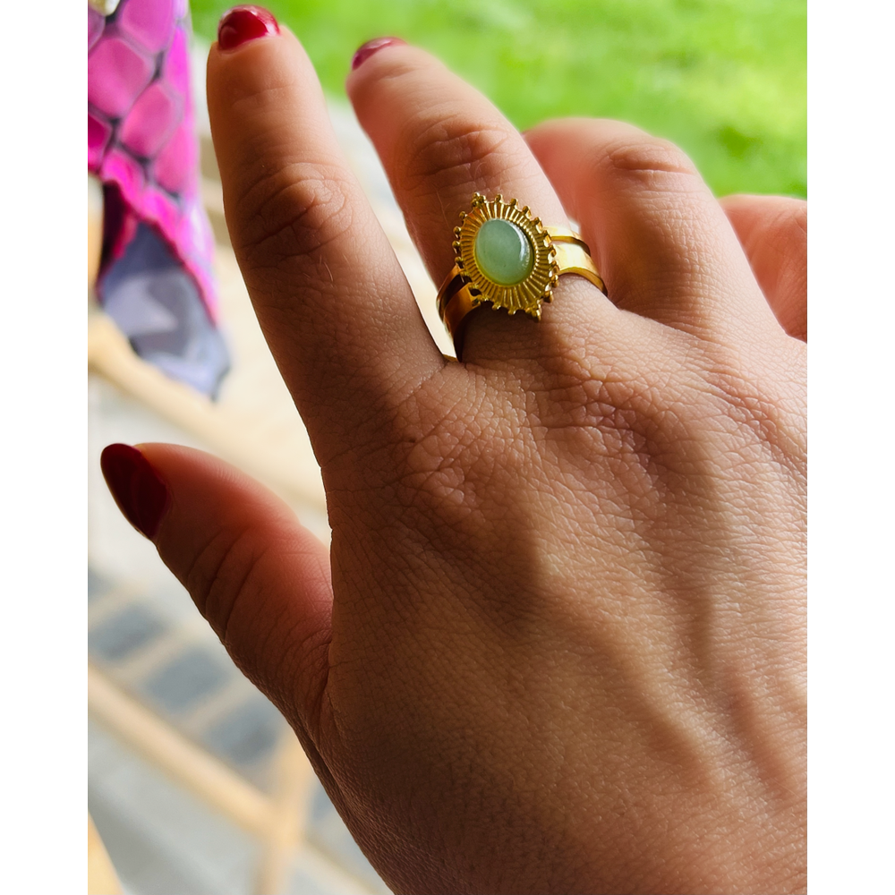 ÇELİK AYARLANABİLİR GOLD RENK OVAL YEŞİL TAŞLI YÜZÜK ACR0131