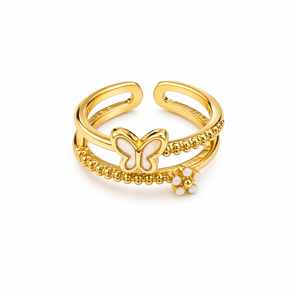 AYARLANABİLİR GOLD RENK, İKİLİ GÖRÜNÜMLÜ KELEBEKLİ-ÇİÇEKLİ YÜZÜK ACR0135