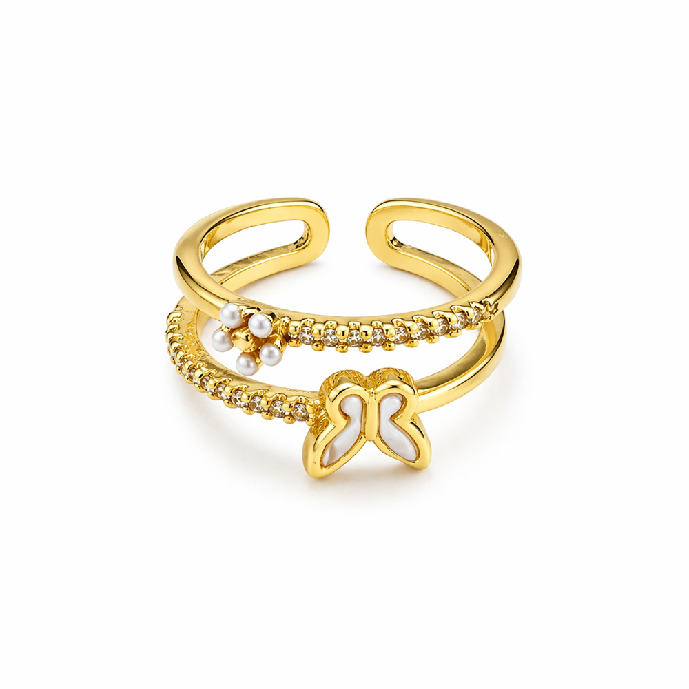 AYARLANABİLİR GOLD RENK, İKİLİ GÖRÜNÜMLÜ KELEBEKLİ-ÇİÇEKLİ YÜZÜK ACR0135