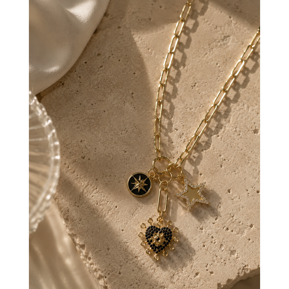 ÖZEL SERİ, KALPLİ VE YILDIZLI CHARM KOLYE 48+5CM ACR0307
