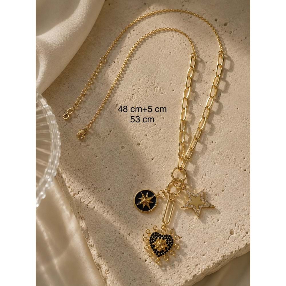 ÖZEL SERİ, KALPLİ VE YILDIZLI CHARM KOLYE 48+5CM ACR0307