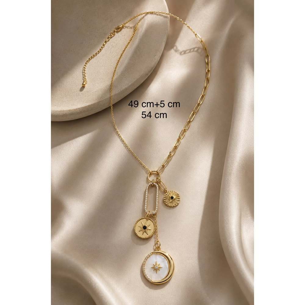 ÖZEL SERİ, AY VE YILDIZLI CHARM KOLYE 49+5CM ACR0308