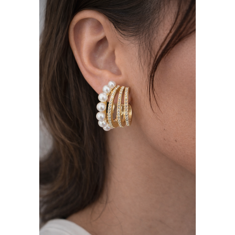 XUPING 14K GOLD RENK ZİRKON TAŞLI, BEŞLİ GÖRÜNÜMLÜ, İNCİLİ KÜPE ACR0310