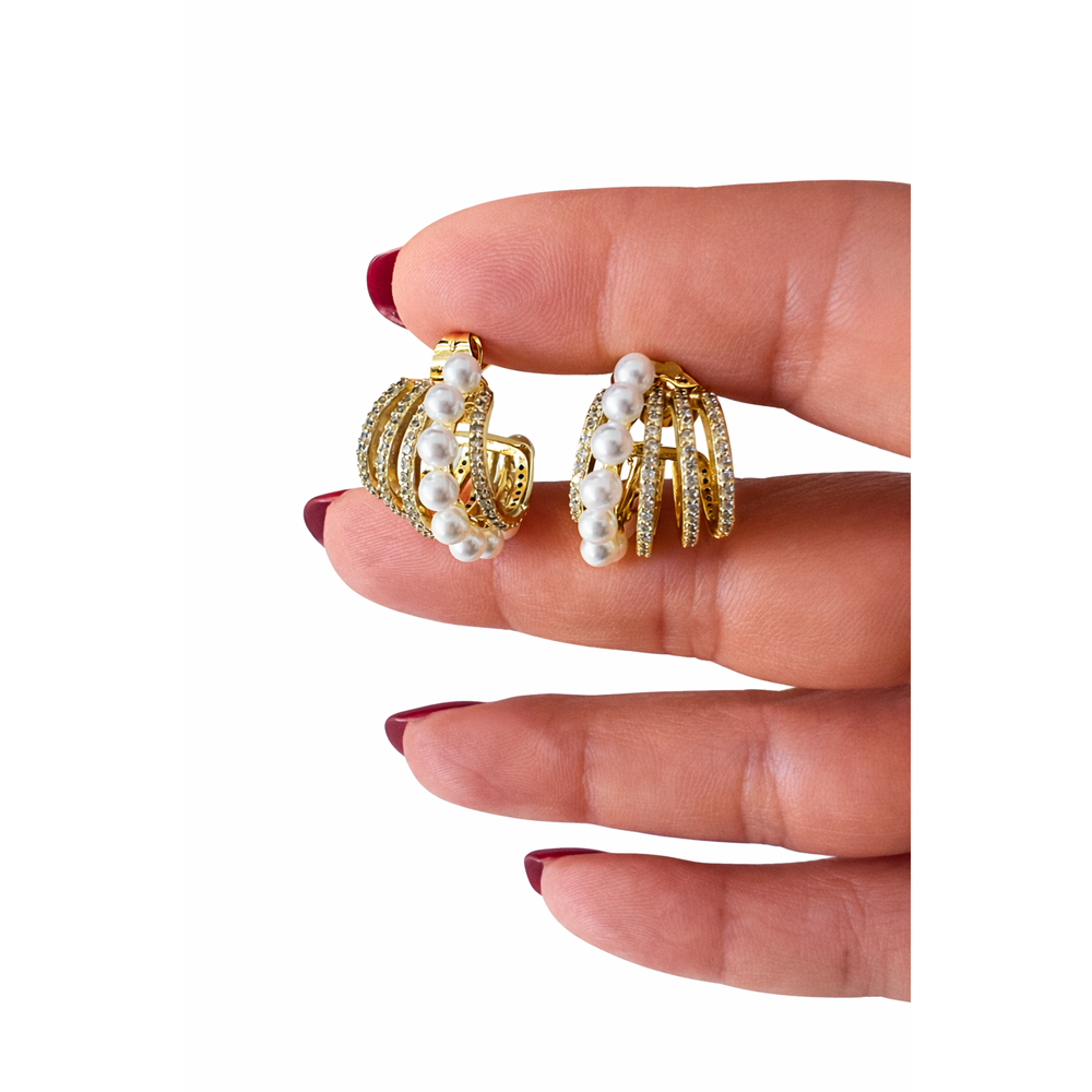 XUPING 14K GOLD RENK ZİRKON TAŞLI, BEŞLİ GÖRÜNÜMLÜ, İNCİLİ KÜPE ACR0310