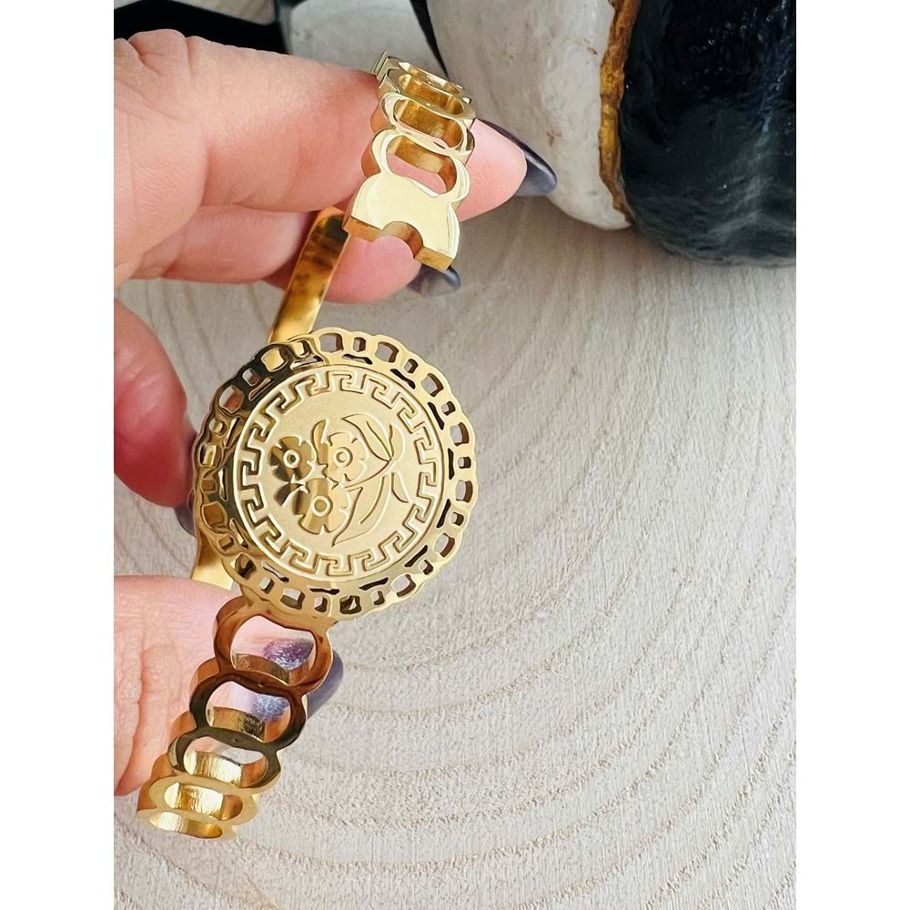 GOLD RENK ÇİÇEK DESEN ÇELİK KELEPÇE ACR1161