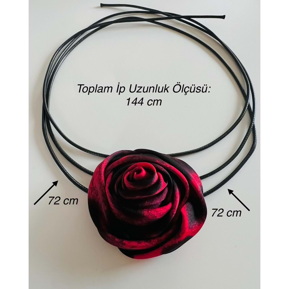 BOYUNDAN BAĞLAMALI DERİ İPLİ GÜL KOLYE KIRMIZI RENK ACR1763