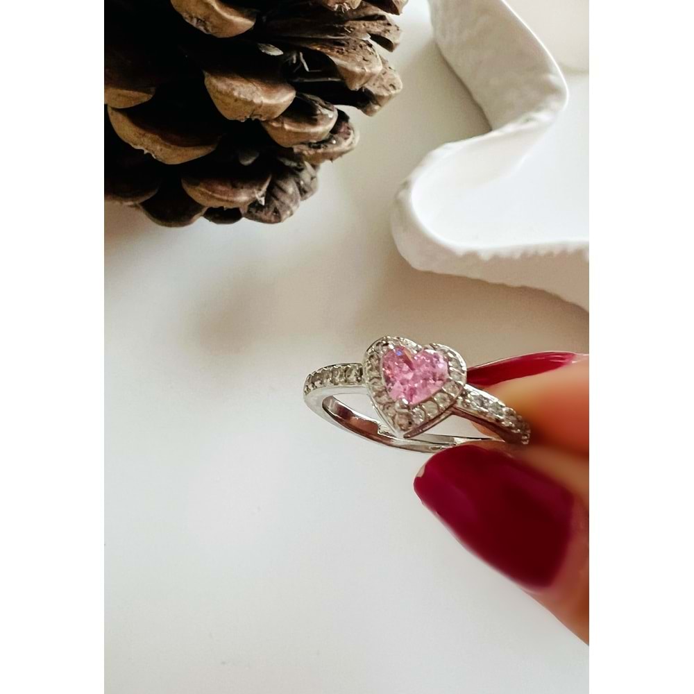 AYARLANABİLİR PEMBE TAŞLI ÇELİK KALP YÜZÜK GÜMÜŞ RENK ACR1802