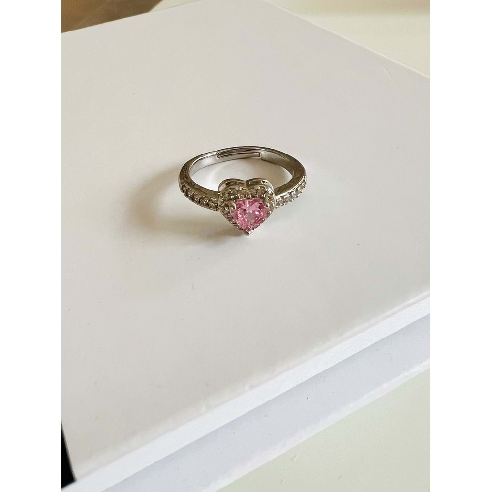 AYARLANABİLİR PEMBE TAŞLI ÇELİK KALP YÜZÜK GÜMÜŞ RENK ACR1802