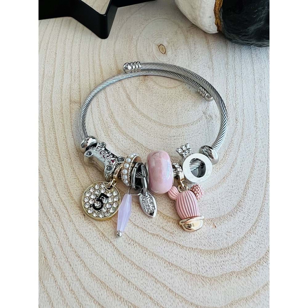 GÜMÜŞ RENK PEMBELİ KAKTÜS CHARM BİLEKLİK ACR2280