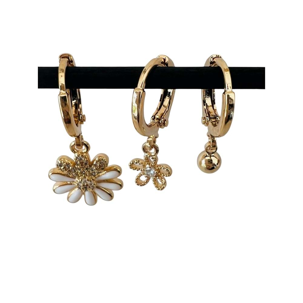 ÜÇLÜ KOMBİN VİP SERİ PAPATYA DETAYLI-TOP SALLANTILI KÜPE SETİ ROSE RENK ACR2373