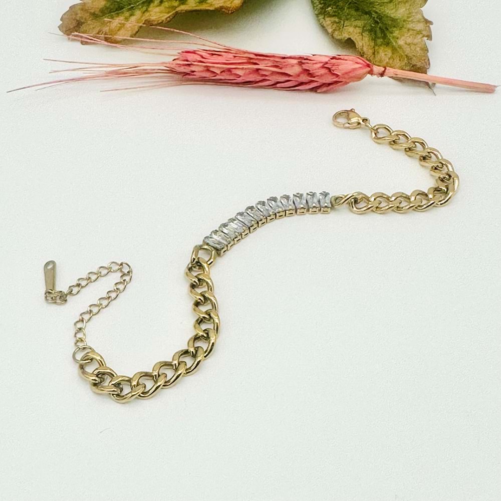 GOLD RENK BAGET TAŞLI ZİNCİR ÇELİK BİLEKLİK 17+6 CM-5 MM ACR2405