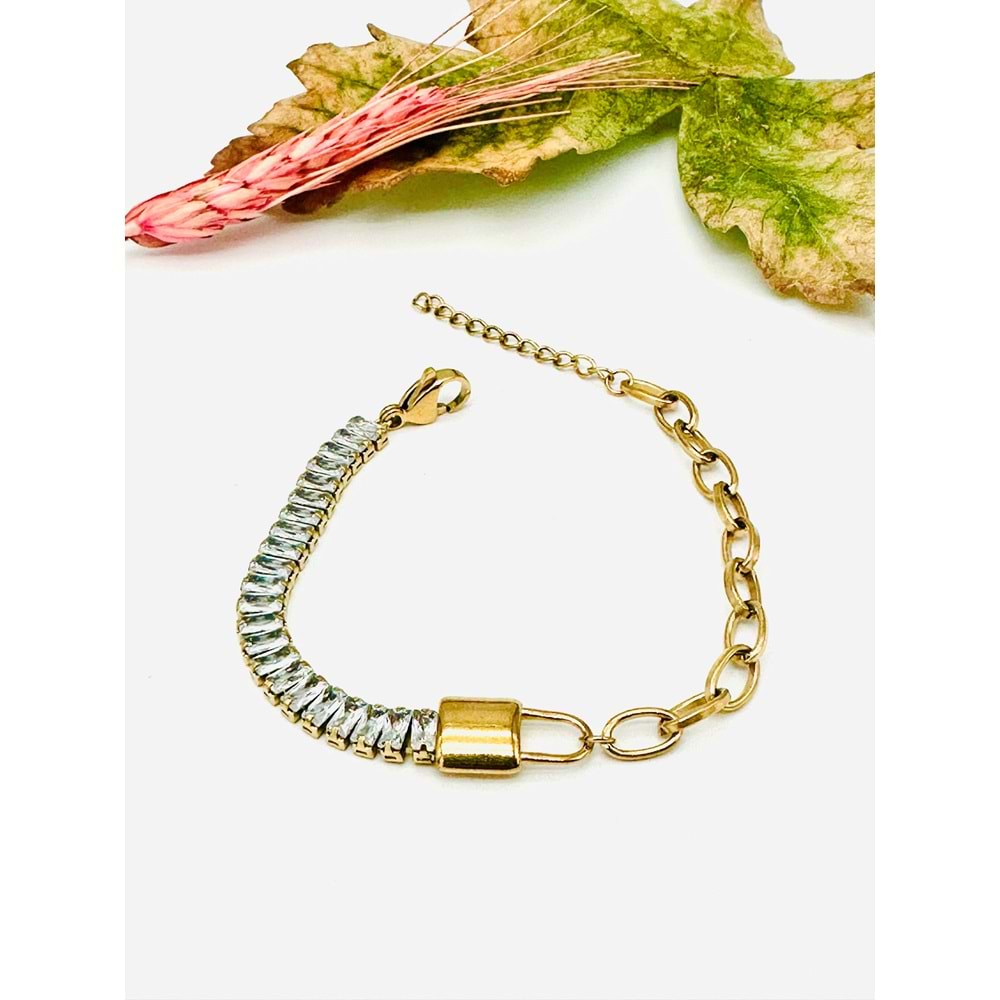 GOLD RENK BAGET TAŞLI ÇELİK BİLEKLİK 17+4 CM-5 MM ACR2455