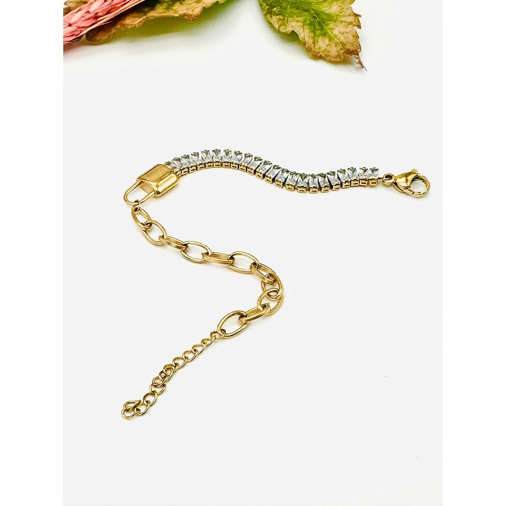 GOLD RENK BAGET TAŞLI ÇELİK BİLEKLİK 17+4 CM-5 MM ACR2455