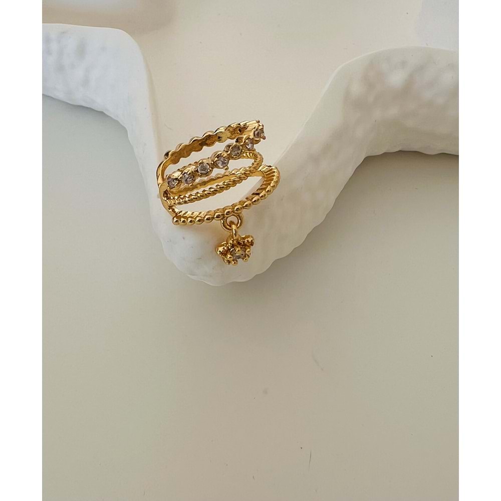 ÜÇLÜ GÖRÜNÜMLÜ, YILDIZ SALLANTILI, KISTIRMALI KIKIRDAK KÜPE GOLD ACR2540