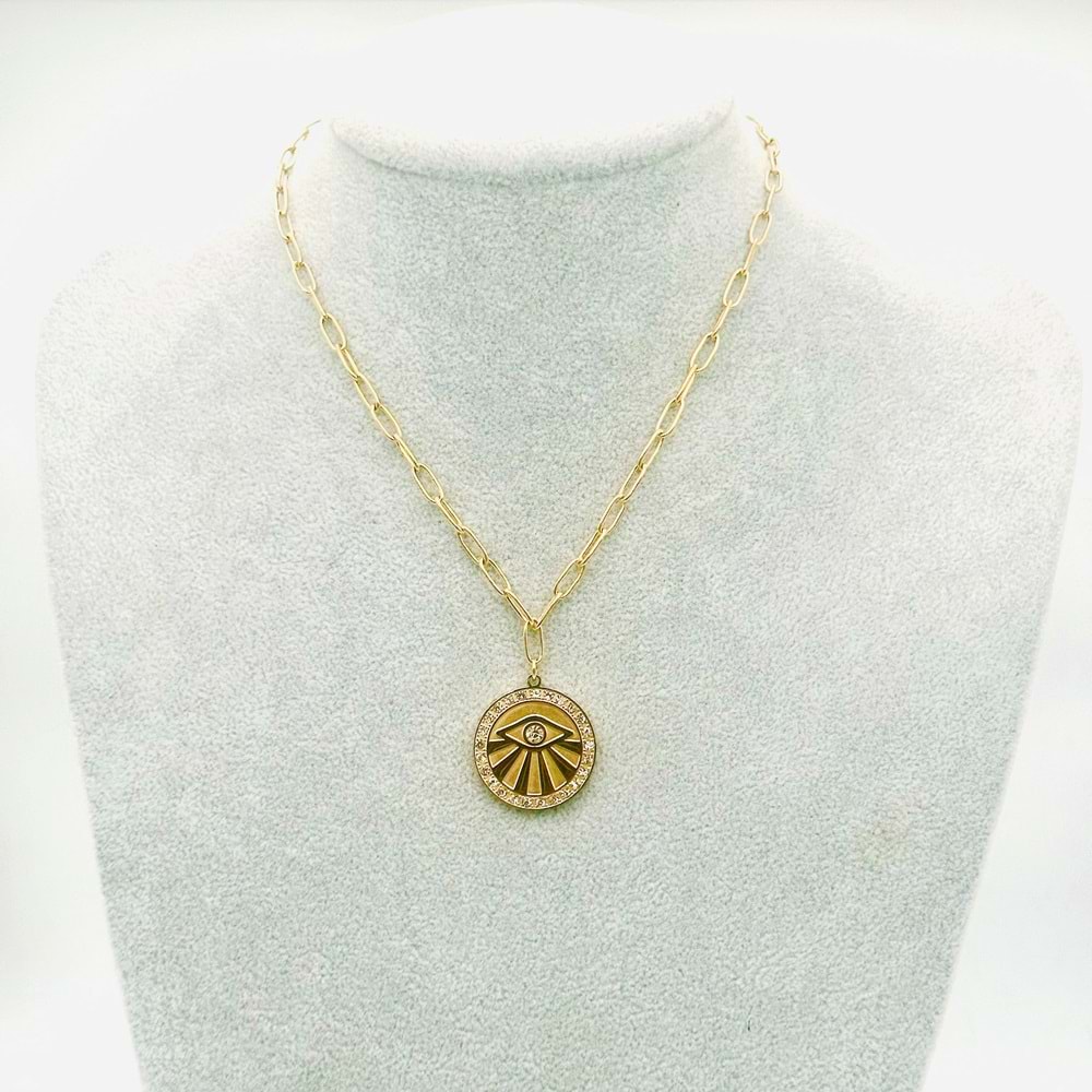 GOLD RENK GÖZ DETAYLI ÇELİK KOLYE 47+6 CM ACR2558