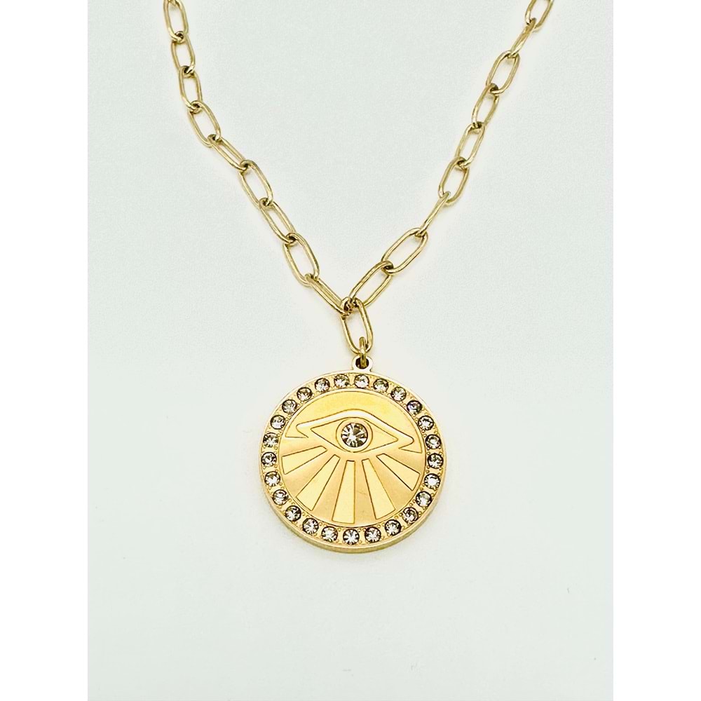 GOLD RENK GÖZ DETAYLI ÇELİK KOLYE 47+6 CM ACR2558