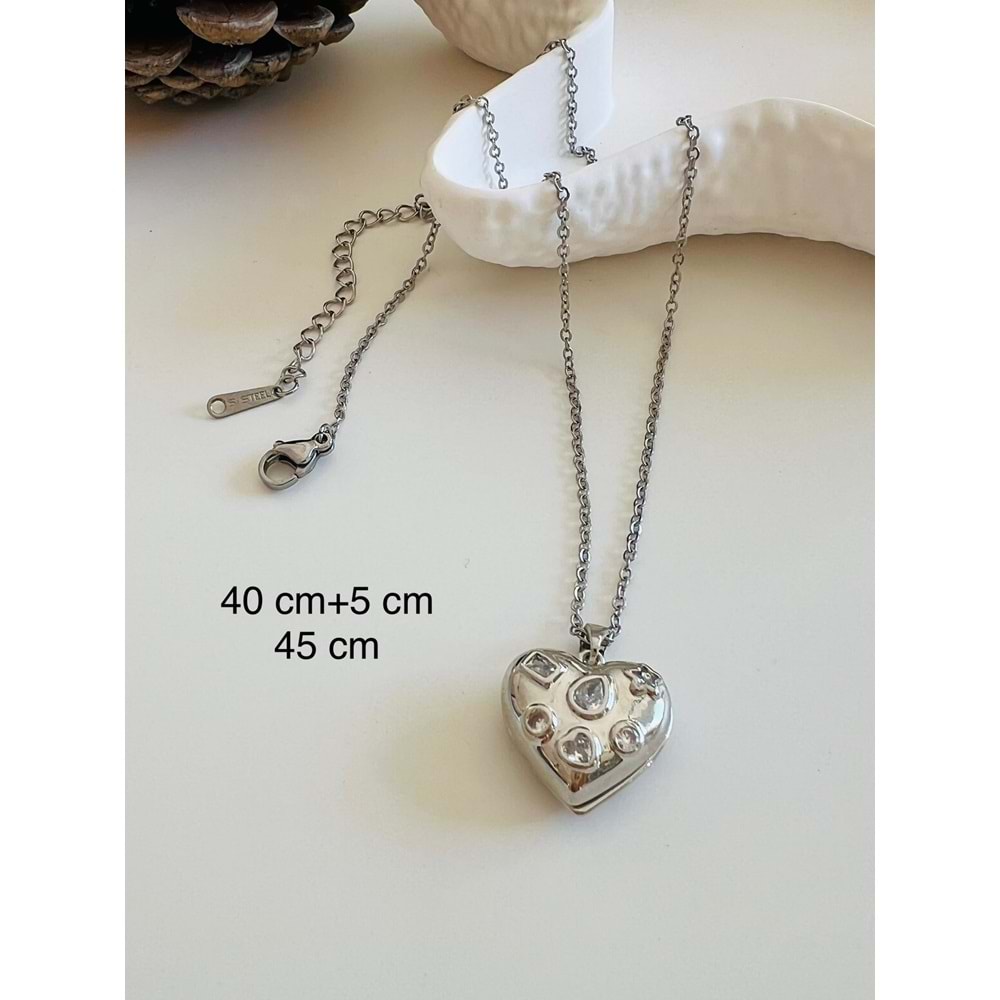 ÇELİK İKİ AYRI KALPTEN OLUŞAN KOLYE 40+5 CM GÜMÜŞ ACR2845