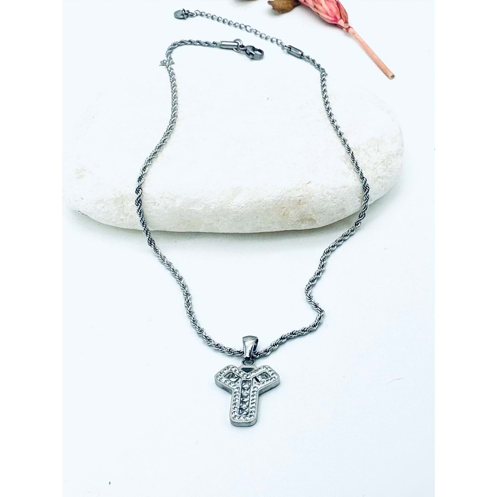 GÜMÜŞ RENK Y HARF TAŞLI ÇELİK KOLYE 45+5 CM ACR2854