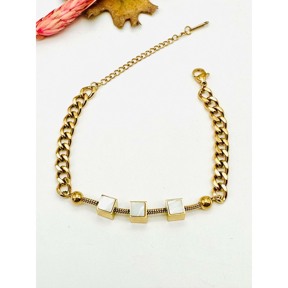 GOLD RENK KARE MİNELİ ÇELİK BİLEKLİK 17+5 CM ACR3182