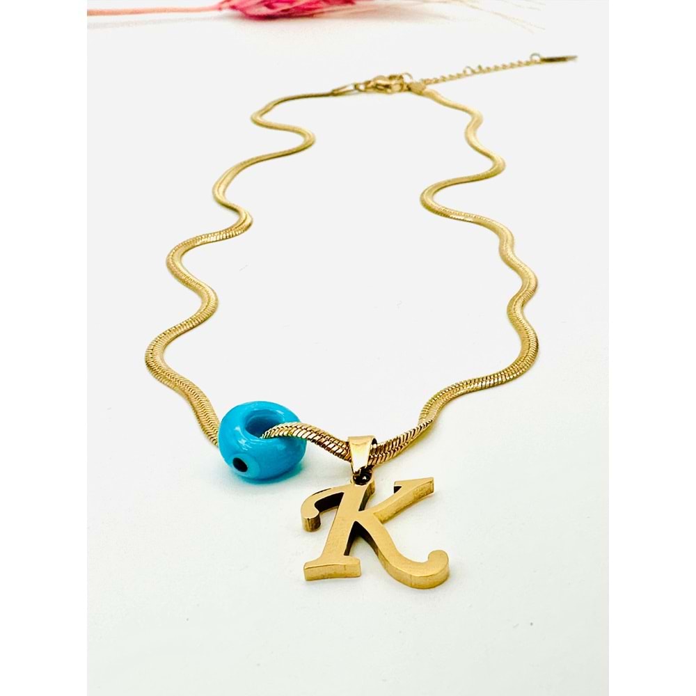 GOLD RENK K HARF NAZAR BONCUKLU ÇELİK KOLYE 40+6 CM ACR3537