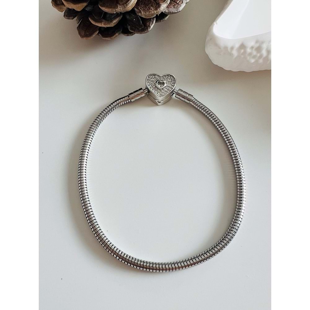 ÇELİK KLİPSLİ, KALPLİ CHARM BİLEKLİK GÜMÜŞ ACR3670