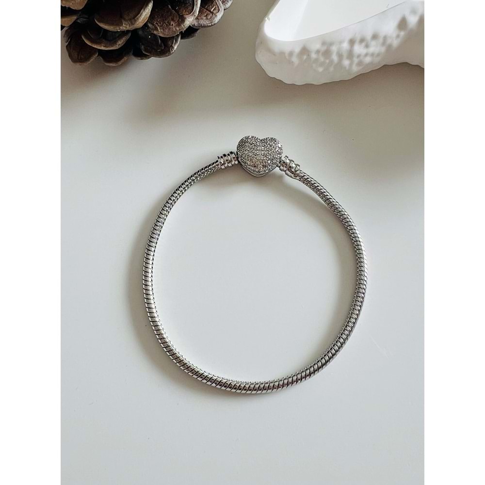 ÇELİK KLİPSLİ, TAŞLI, KALP CHARM BİLEKLİK GÜMÜŞ ACR3677