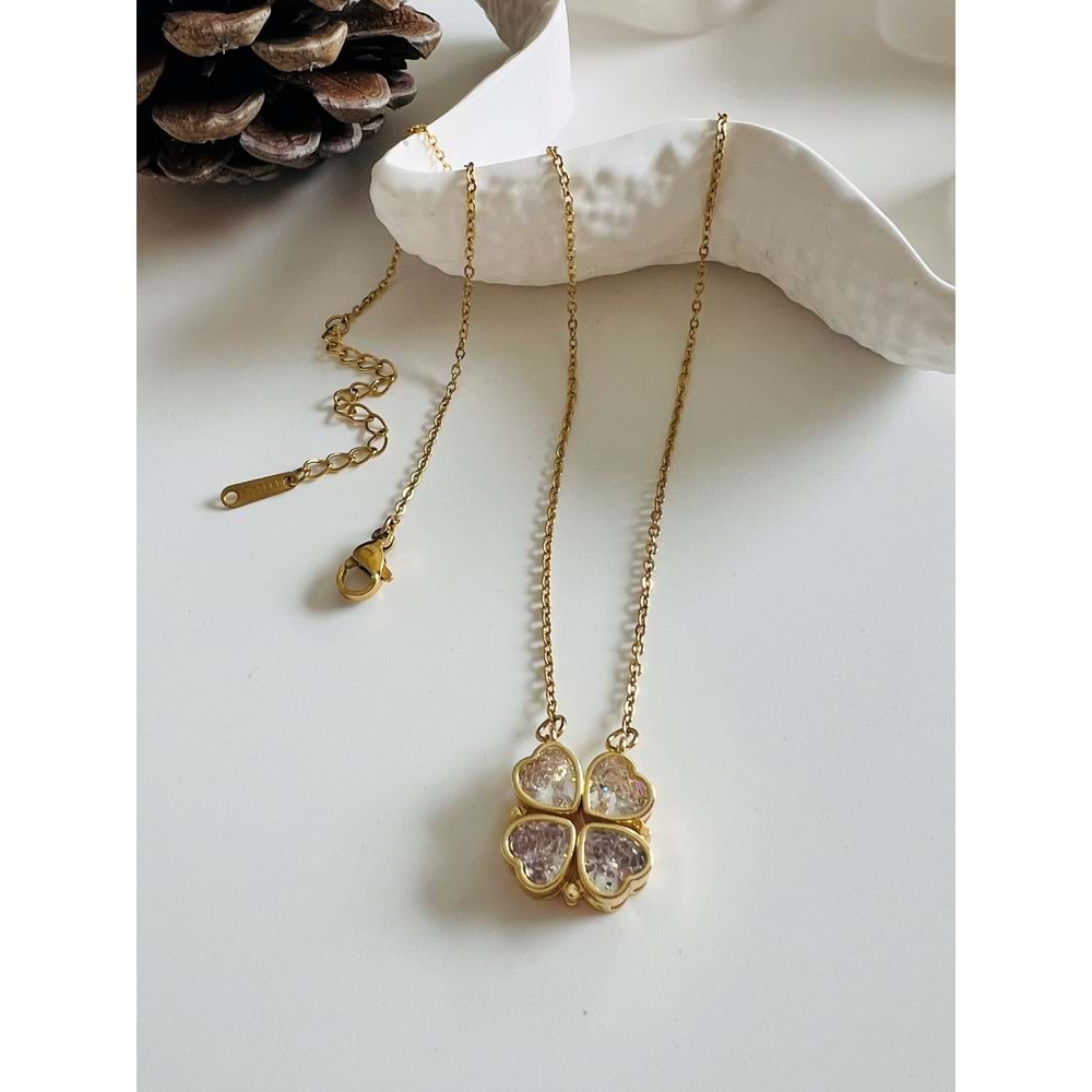 AÇILABİLİR,MIKNATISLI, DÖRT YAPRAKLI ÇELİK YONCA(ŞANS) KOLYE GOLD ACR3682