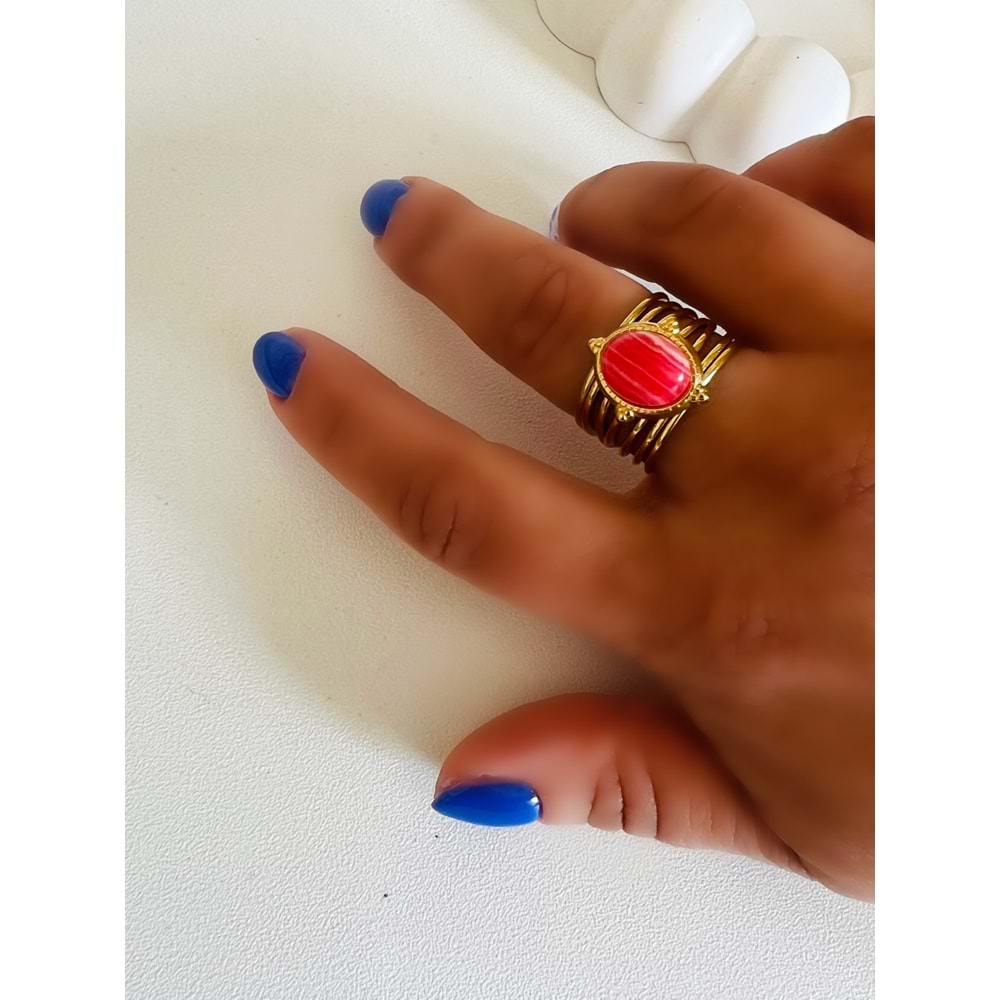 AYARLANABİLİR PEMBE TAŞLI ÇELİK YÜZÜK GOLD ACR3940