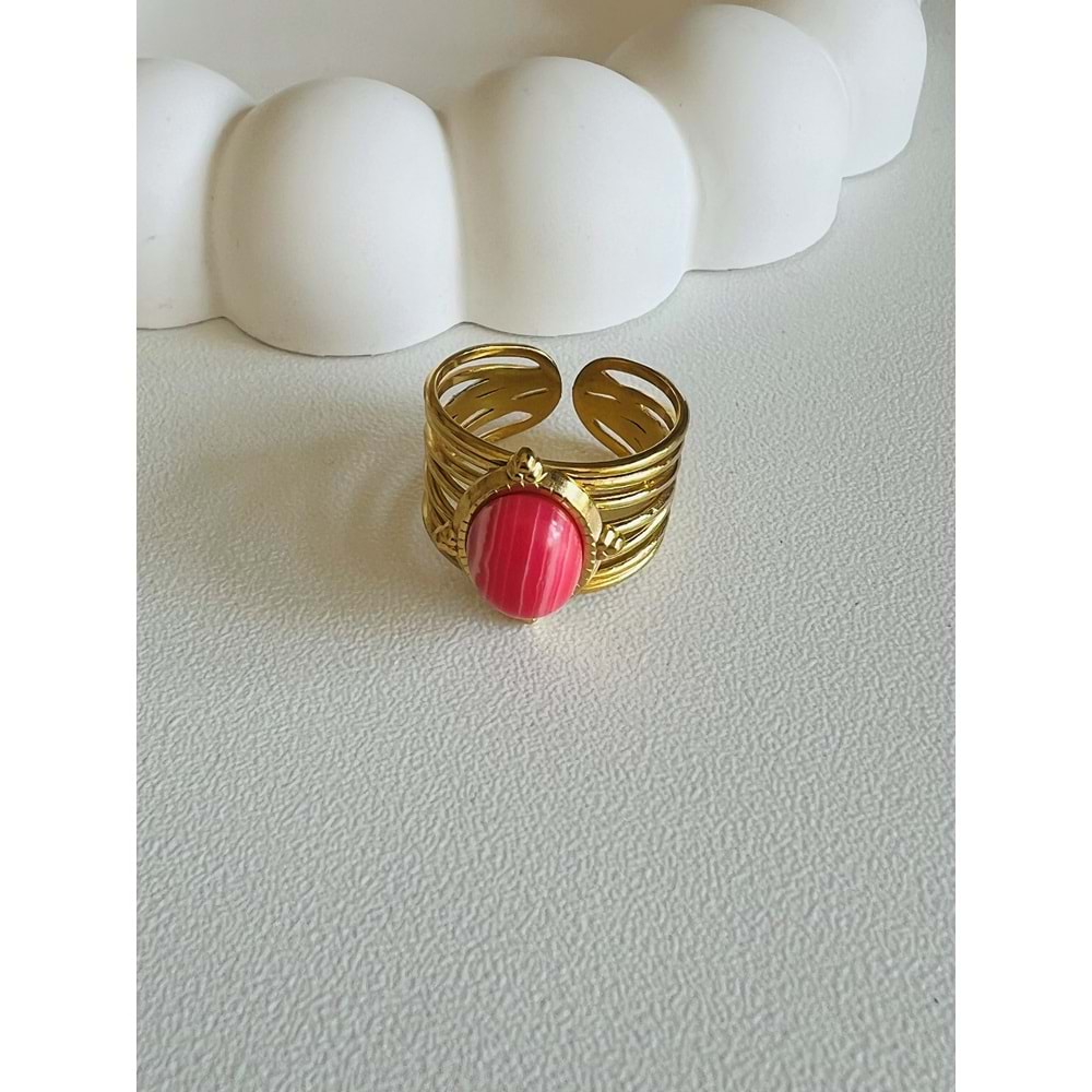 AYARLANABİLİR PEMBE TAŞLI ÇELİK YÜZÜK GOLD ACR3940