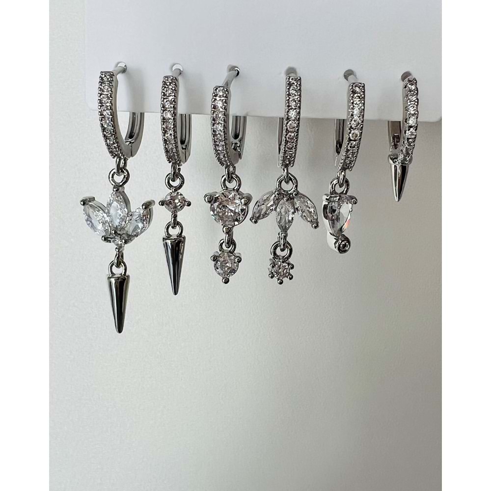 6'LI TAŞ DETAYLI, SALLANTILI SET KÜPE-GÜMÜŞ ACR3992