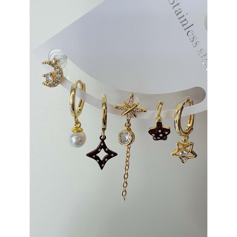 6'LI KIRMIZILI ÇELİK SET KÜPE-GOLD ACR4002