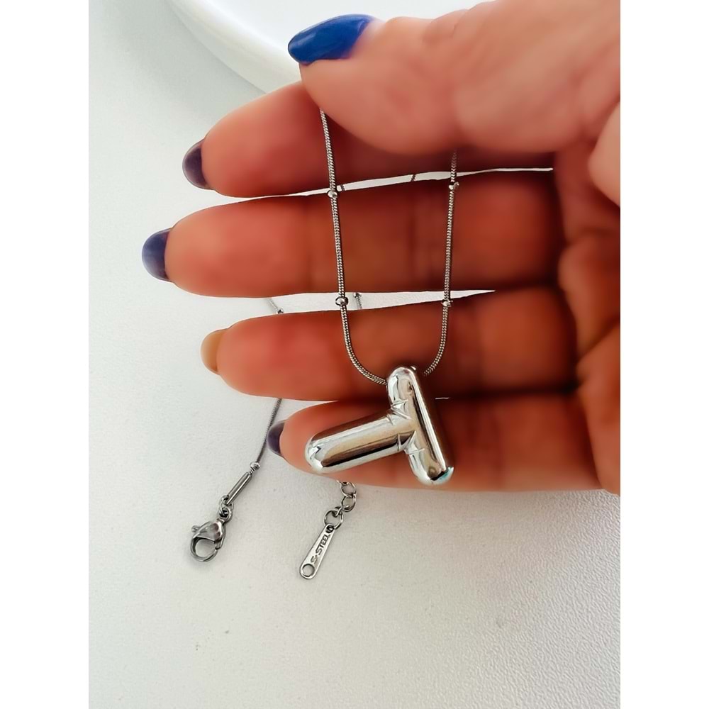 T HARF ÇELİK BALON KOLYE 40+5 CM-GÜMÜŞ ACR4172