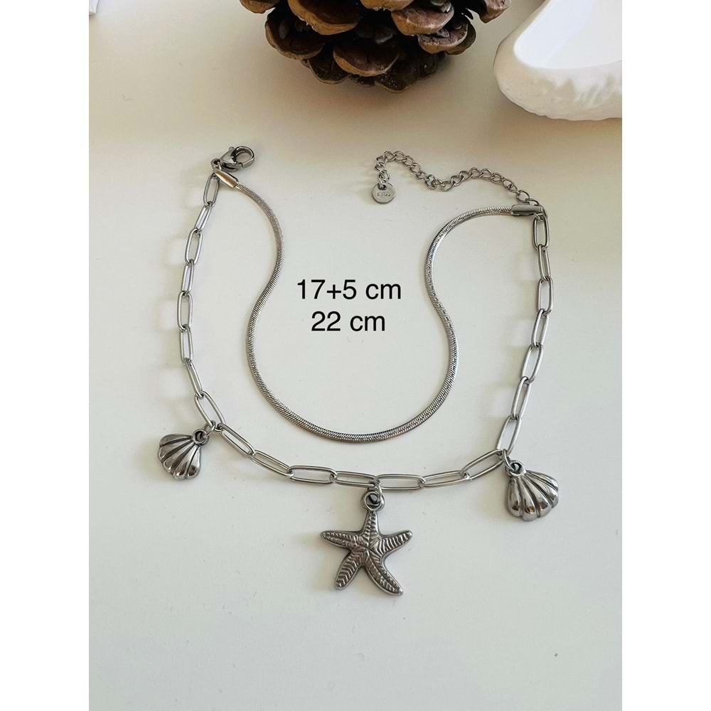 İKİLİ İTALYAN ZİNCİRLİ, YILDIZLI ÇELİK BİLEKLİK 17+5 CM ACR4451