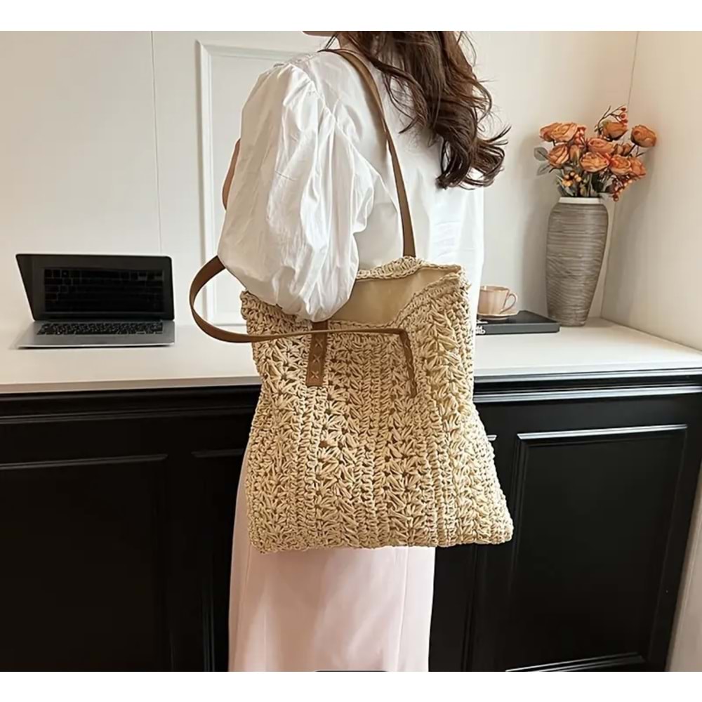 BOHO TARZ HASIR, YAZLIK, PLAJ OMUZ ÇANTASI, FERMUARLI, BÜYÜK BOY, BEJ ACR4540