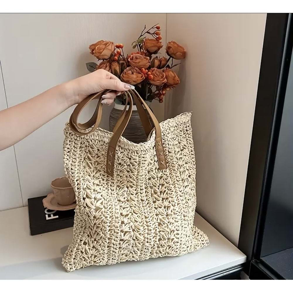 BOHO TARZ HASIR, YAZLIK, PLAJ OMUZ ÇANTASI, FERMUARLI, BÜYÜK BOY, BEJ ACR4540