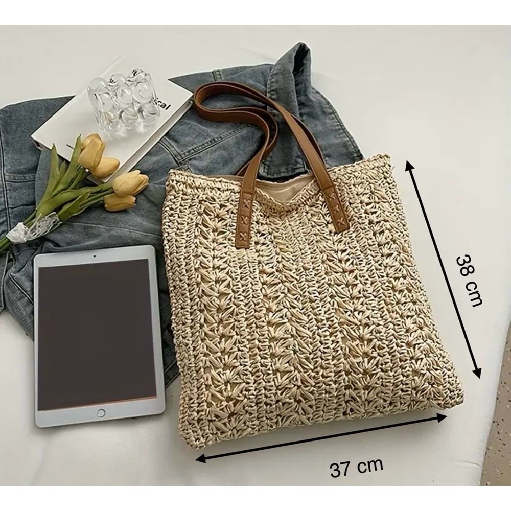 BOHO TARZ HASIR, YAZLIK, PLAJ OMUZ ÇANTASI, FERMUARLI, BÜYÜK BOY, BEJ ACR4540