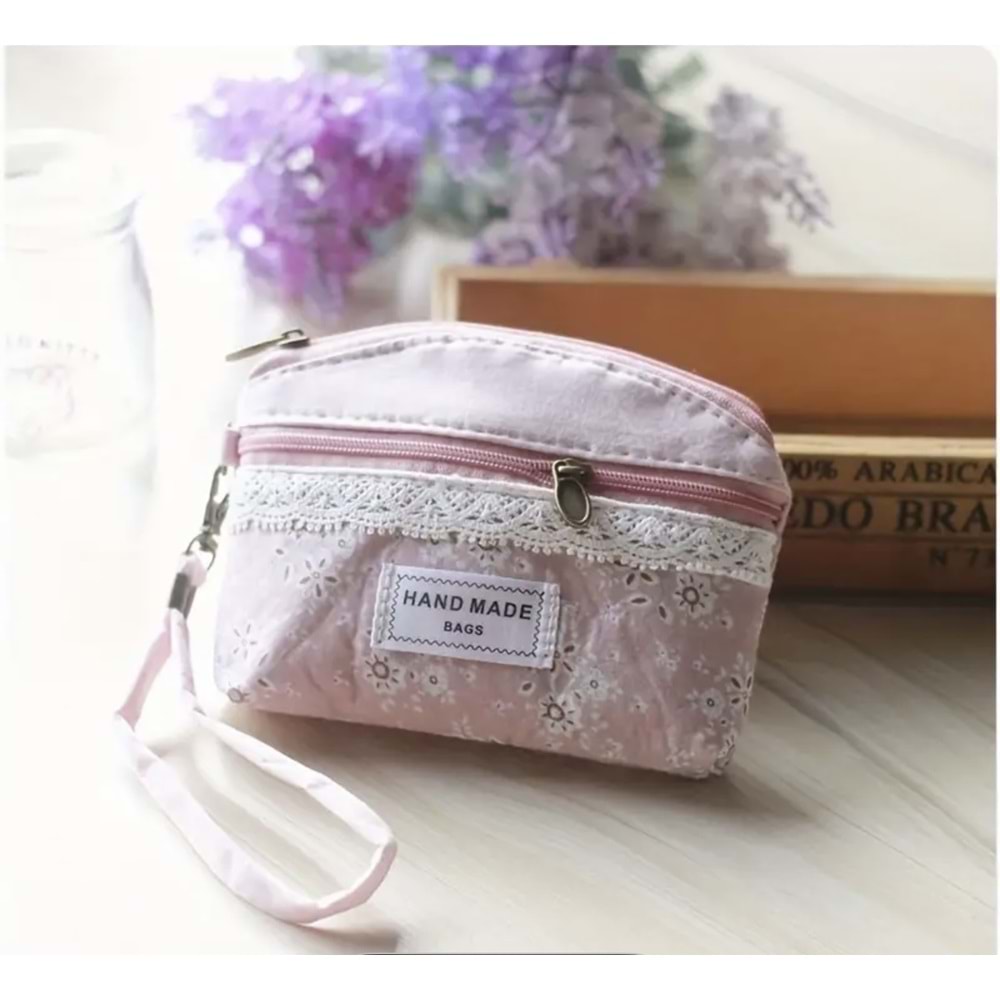 MİNİ DANTEL SÜSLÜ, ÇİÇEK DESENLİ PARA CÜZDANI, ÇOK YÖNLÜ TAŞIMA, PEMBE RENK ACR4757