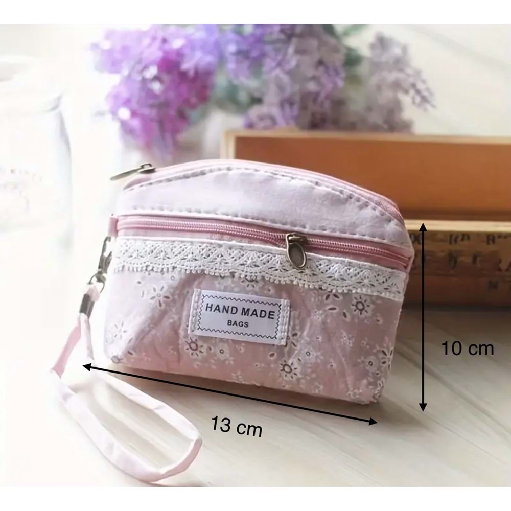 MİNİ DANTEL SÜSLÜ, ÇİÇEK DESENLİ PARA CÜZDANI, ÇOK YÖNLÜ TAŞIMA, PEMBE RENK ACR4757