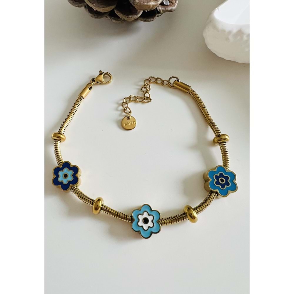 MAVİ MİNELİ ÇELİK BİLEKLİK 17+3 CM-GOLD ACR4969