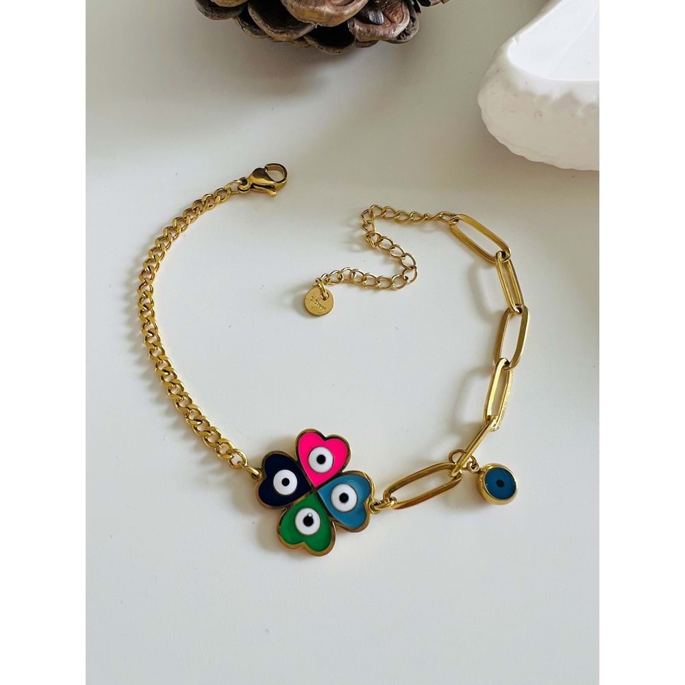 RENKLİ MİNELİ ÇELİK YONCA BİLEKLİK 16+5 CM-GOLD ACR4975