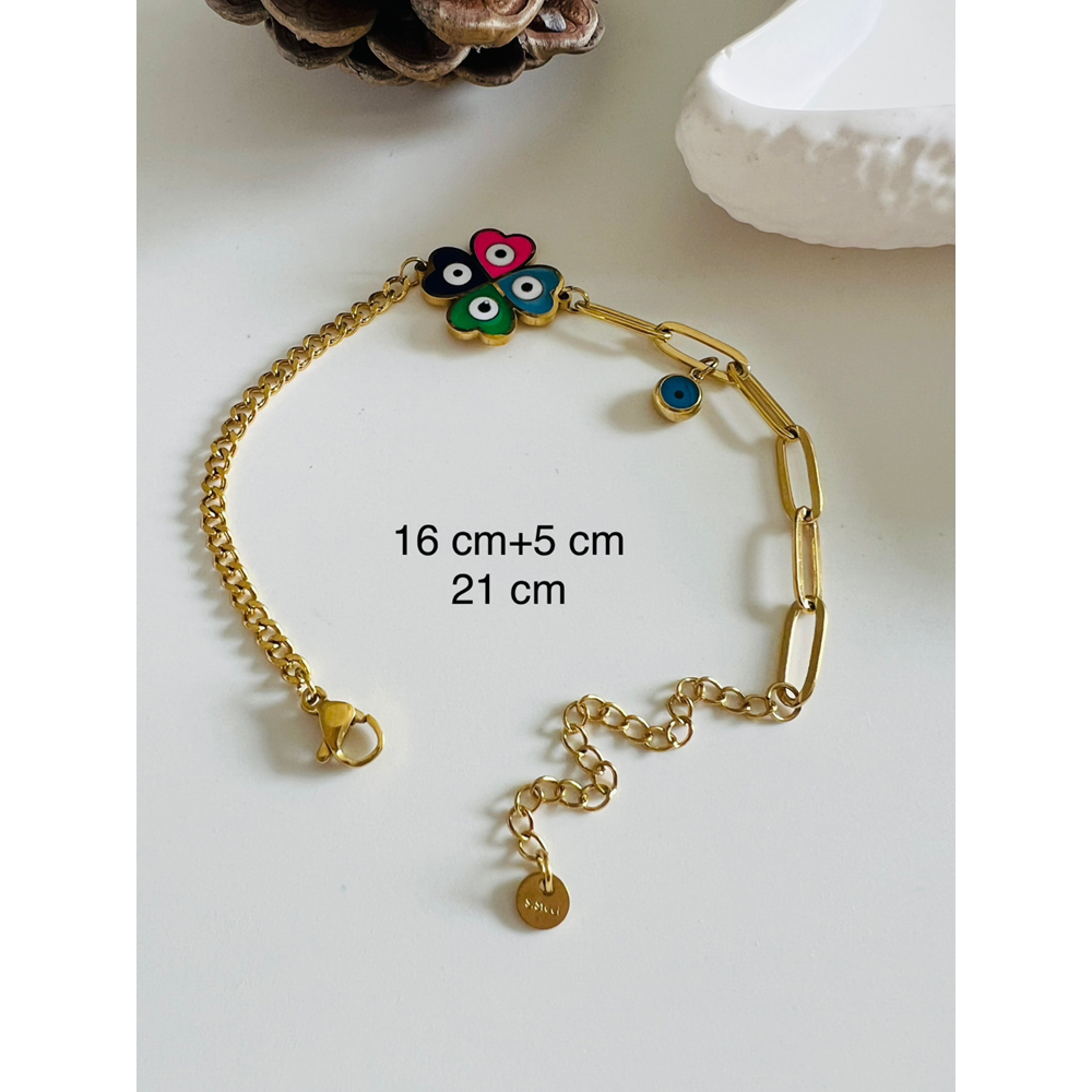 RENKLİ MİNELİ ÇELİK YONCA BİLEKLİK 16+5 CM-GOLD ACR4975