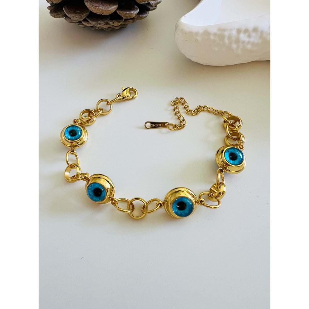 DÖRT SIRA BÜYÜK NAZAR BONCUKLU ÇELİK BİLEKLİK 15+6 CM-GOLD ACR5066